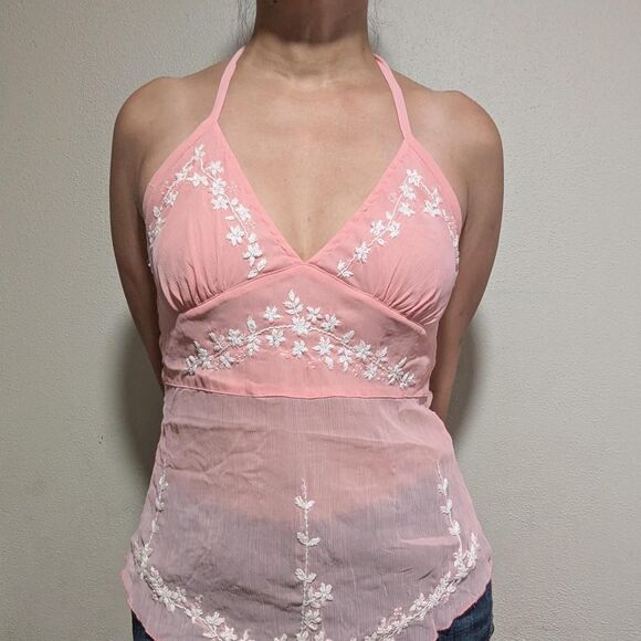 100% Silk Chiffon Women's Medium Pink Embroidered Halter Top - Picture 1 of 7